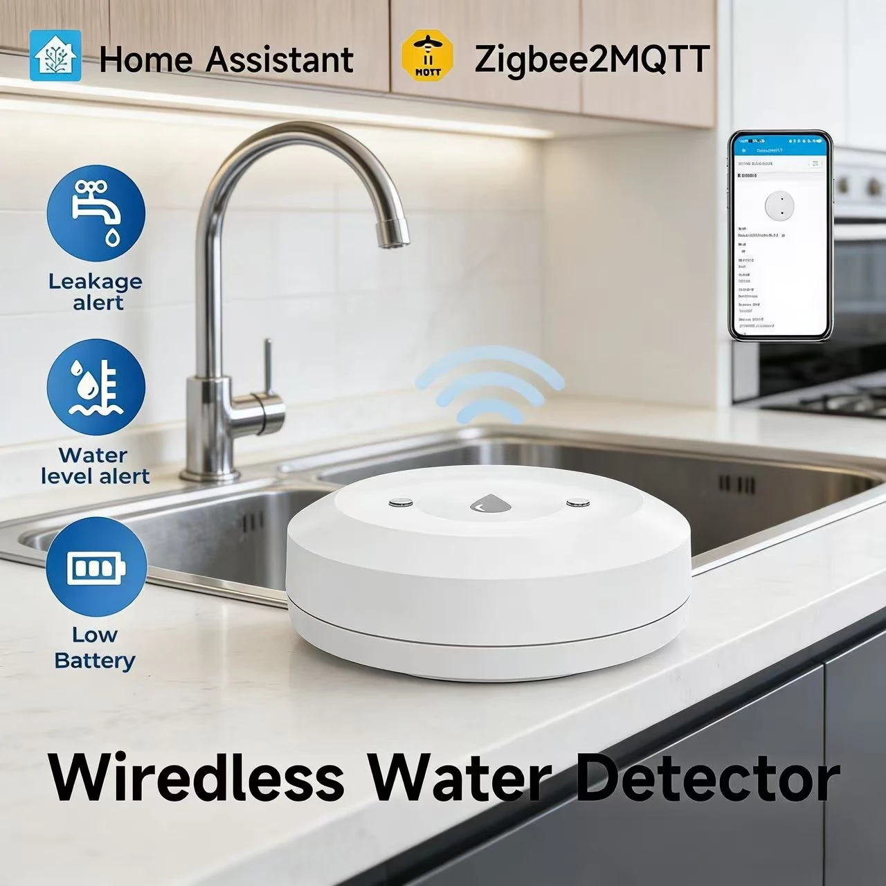 

Беспроводной датчик протечки воды Zigbee2MQTT, умный датчик затопления с оповещением через приложение для безопасности дома, кухни, подвала, ванной комнаты