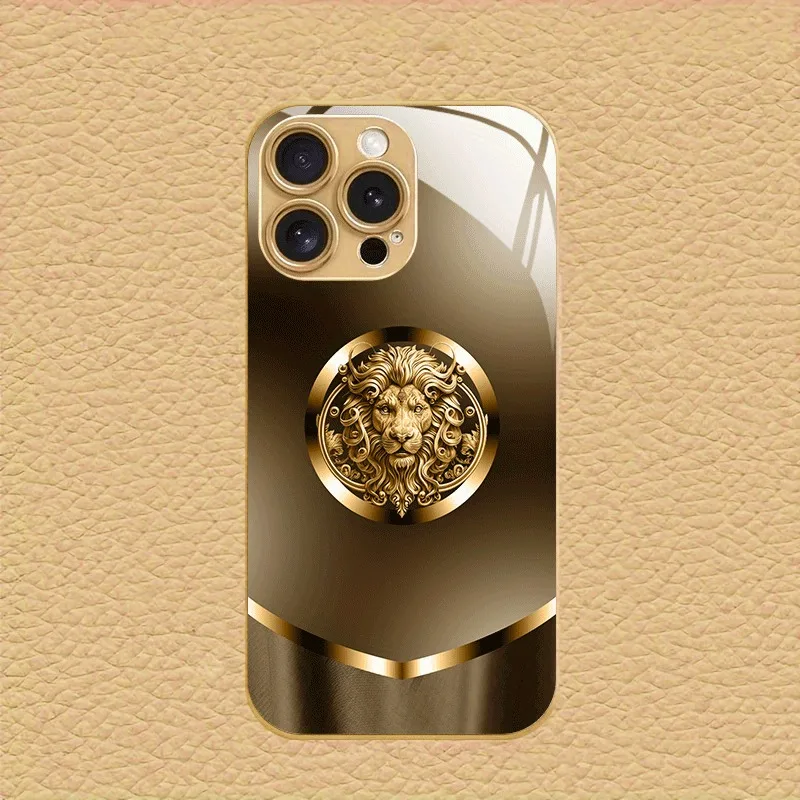 Simple Golden Lion Pattern Gold Metallic Paint Glass Phone Case For iPhone 17 16 15 14 13 12 11 Pro Max 14 Plus 17 Air 16E Cover