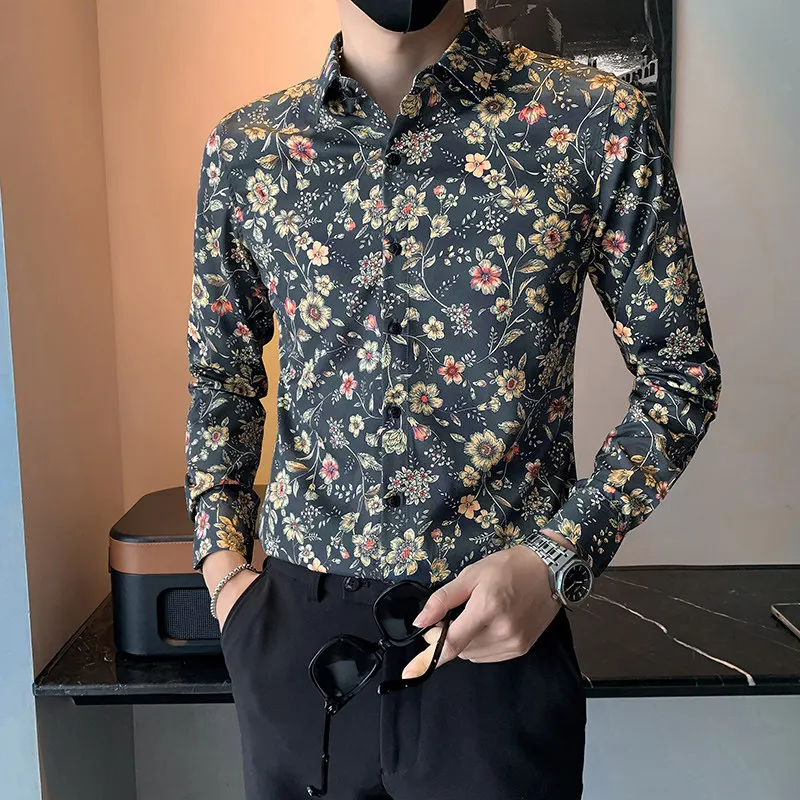 

Slim Fit Long Sve Printed irt Men's XS Size ort Stature Busin Casual irt Polyester Fiber Spring Season Youth Sle