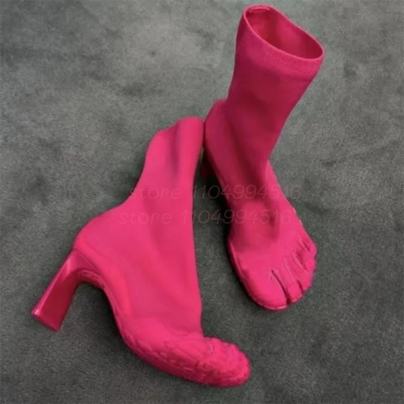 Women Fuchsia Suede Five Finger Boots Black Leather Split Toe Square heel Mid Calf Boots sexy Fashion party catwalk Shoes