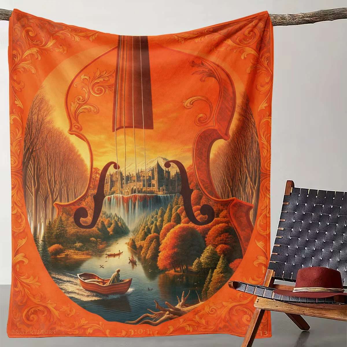 

1 Piece of Orange Violin Surreal Landscape Blanket, Art Music Themed Home Decoration Blanket