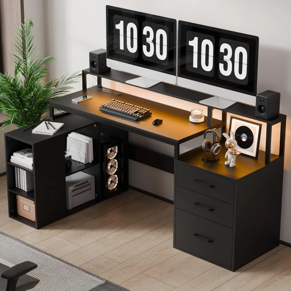 

65.7" L Shaped Desk with Drawers, Corner Computer Gaming Desk with Power Outlet & LED Light, Ergonomic Workstation for Home Offi
