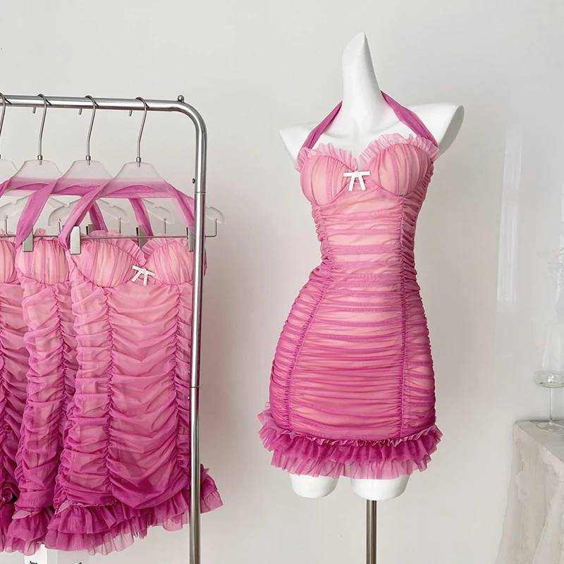 

Pink Sheath Mini Dress Women Ruffles Mesh Bodycon Tank Dress with Breast Pad Slim-Fit Short Sexy Dress Evening Party Vestidos