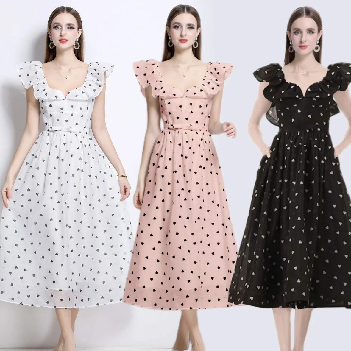 

French Temperament Love Print Flying Short-sleeved Midi Dress Female Sweet Square Collar Slim Party Vestidos Summer Dress