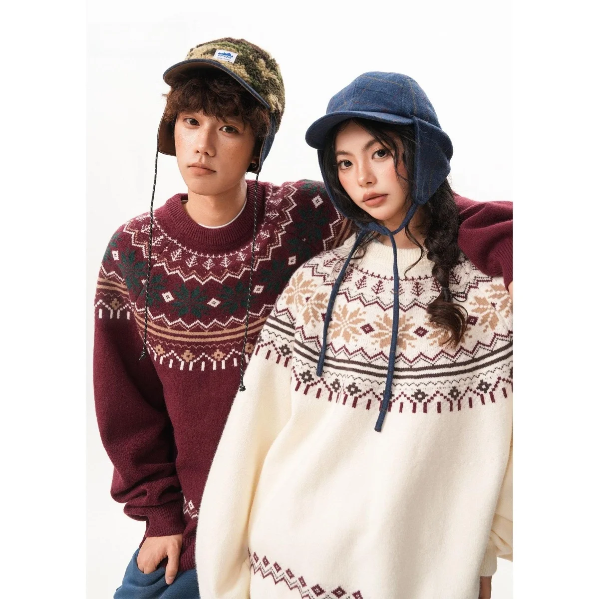 

American Cisas Red Fair Isle round Ne Sweater Men Women Winter Heavy Lazy Feeling Inner Loose Warm Knitted Wear