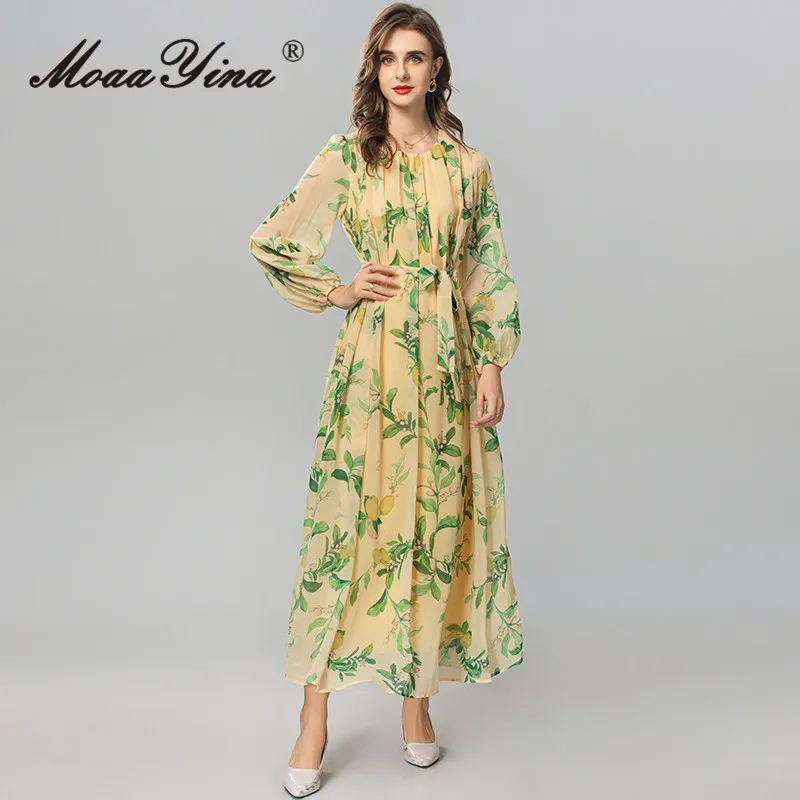 

MoaaYina Autumn Winter Women's Dress Lantern Sleeved Green Print Design Casual Holiday Loose A Line Dresses