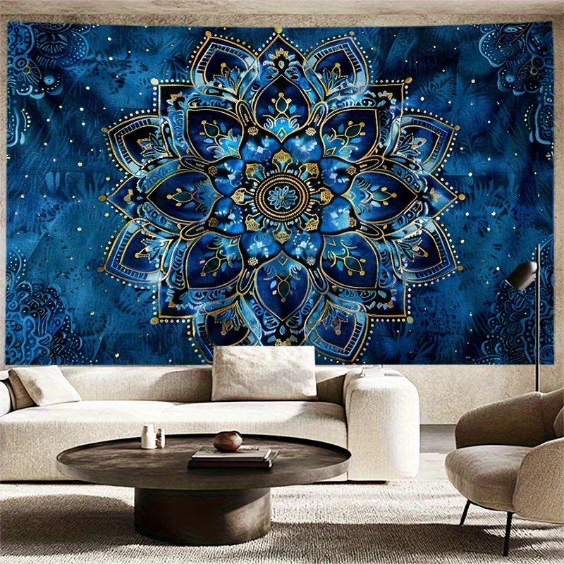 1 pieza de tapicería mandala floral azul bohemio - Diseño floral intrincado con detalles dorados, tejido de poliéster, perfecto
