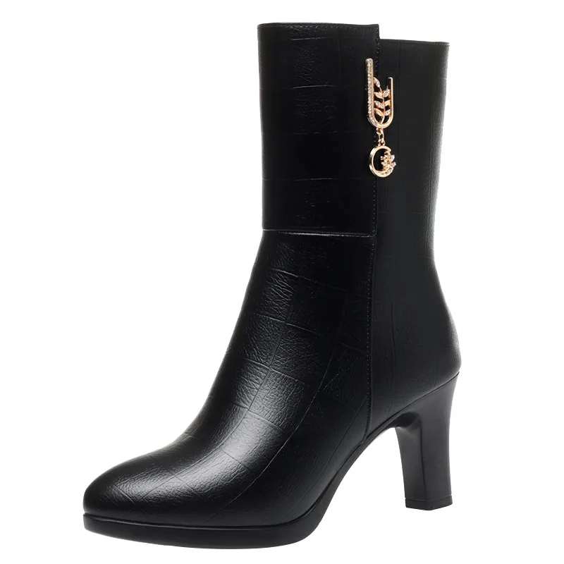 7.5 سنتيمتر 9 سنتيمتر كتلة أنيقة عالية الكعب الأحذية أحذية منصة شتاء 2026 المرأة الجلود الناعمة الدافئة الفراء منتصف العجل أفخم الأحذية مكتب #5