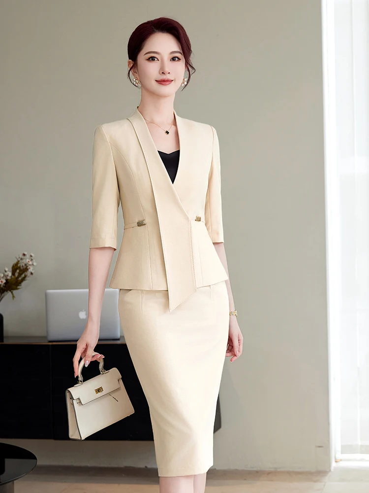 NAVIU ใหม่ฤดูใบไม้ผลิฤดูร้อนหญิง Elegant ผู้หญิงชุดกระโปรง Apricot Navy Blue Blazer และกระโปรงสํานักงานธุรกิจ Lady 2 ชิ้นชุด