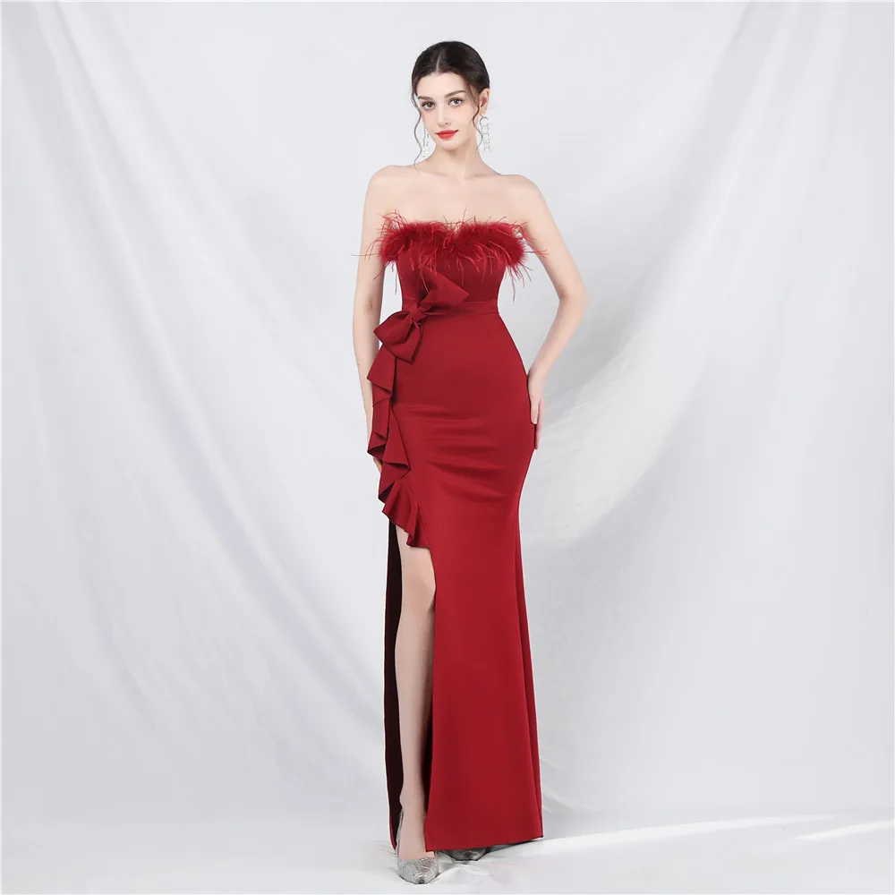 Sladuo Strapless Feather Slpit Women's Maxi Dress Sexy Sleevless Elegant Wedding Party Evening Club Dresses Outfits