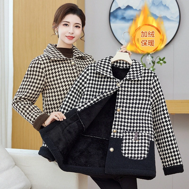 

Women's Grid Jacket Thickened Fleece Long Sleeve Autumn Winter New Style Fashionable Versatile Clothing for Middle-Aged Moth