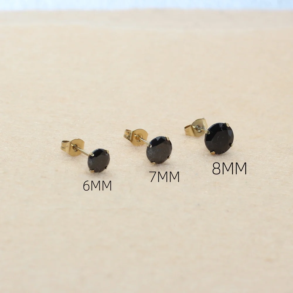 Edelstahl-Ohrstecker für Damen und Herren, AAA Schwarze Runde Zirkonia, 6 7 8mm, IP-Beschichtung, Langanhaltende Farbe – Detail 2