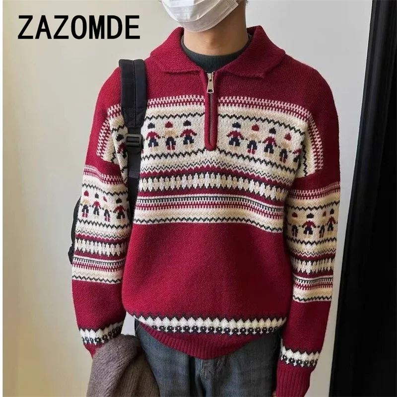 ZAZOMDE 2025 New Year Striped Christmas Sweaters Men Lapel Zipper Pullover Women Autumn Winter Loose Couple Knitted Sweater Coat