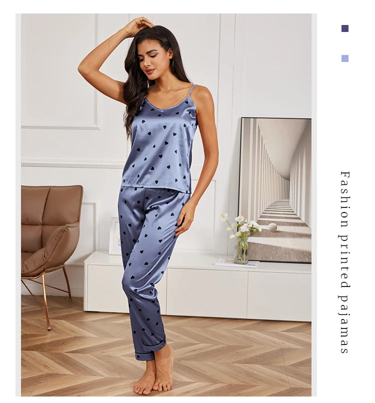 Damen Hauskleidung sexy V-Ausschnitt Pyjama Seide Pyjama Set Nachtwäsche Satin Cami Weste mit Hose Pyjama 2 Stück Sets Lounge wear – Detail 11