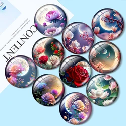 Beautiful FlowerS Night Images12mm/16mm/18mm/25mm 10pcs Round Photo Glass Cabochon Demo Flat Back Making findings