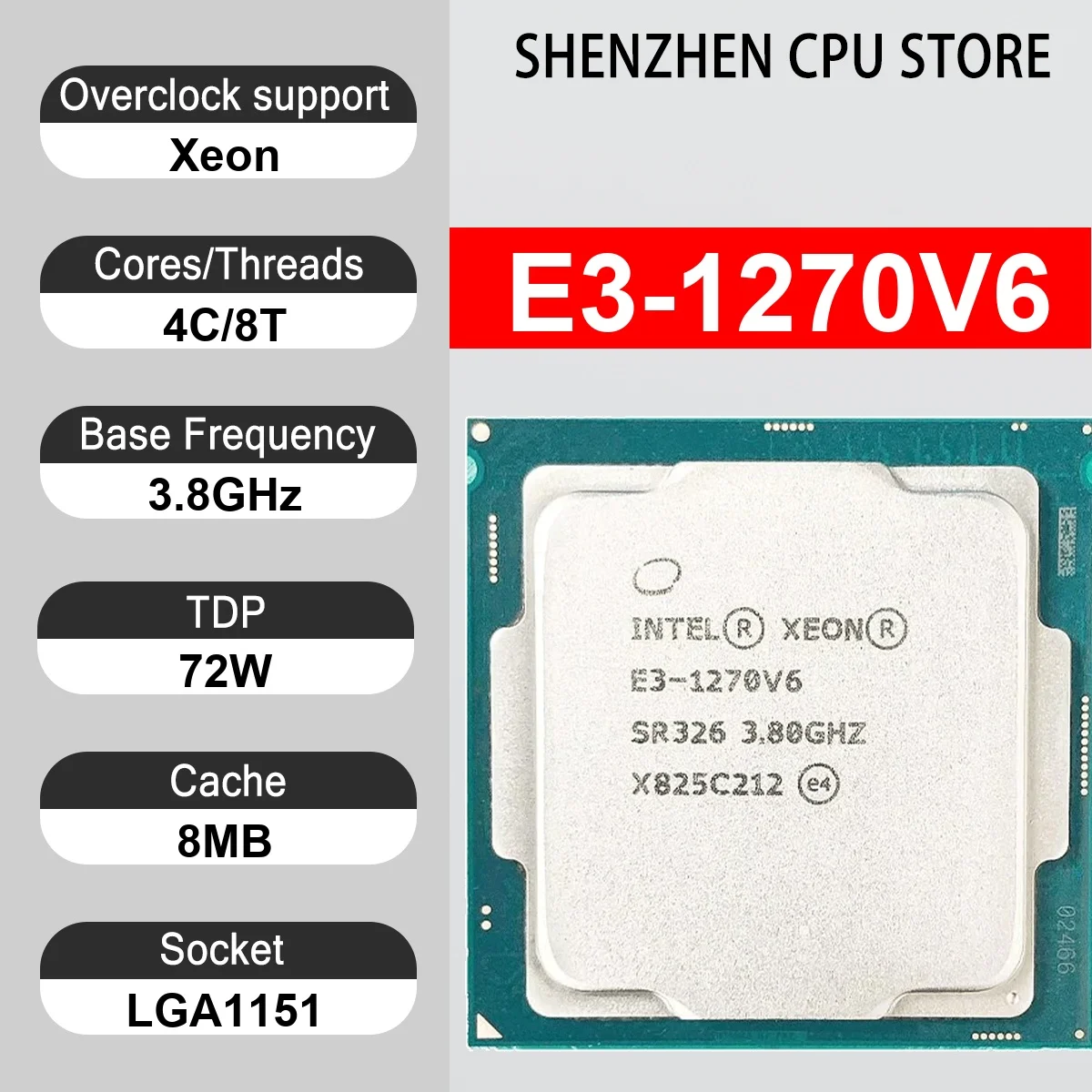 Intel Xeon E3-1270V6 4 Core 8 Thread 3.8GHz 72W 8MB Cache 14nm LGA1151 SR326 DDR4 2400 / DDR3L 1866 MHz Kaby Lake