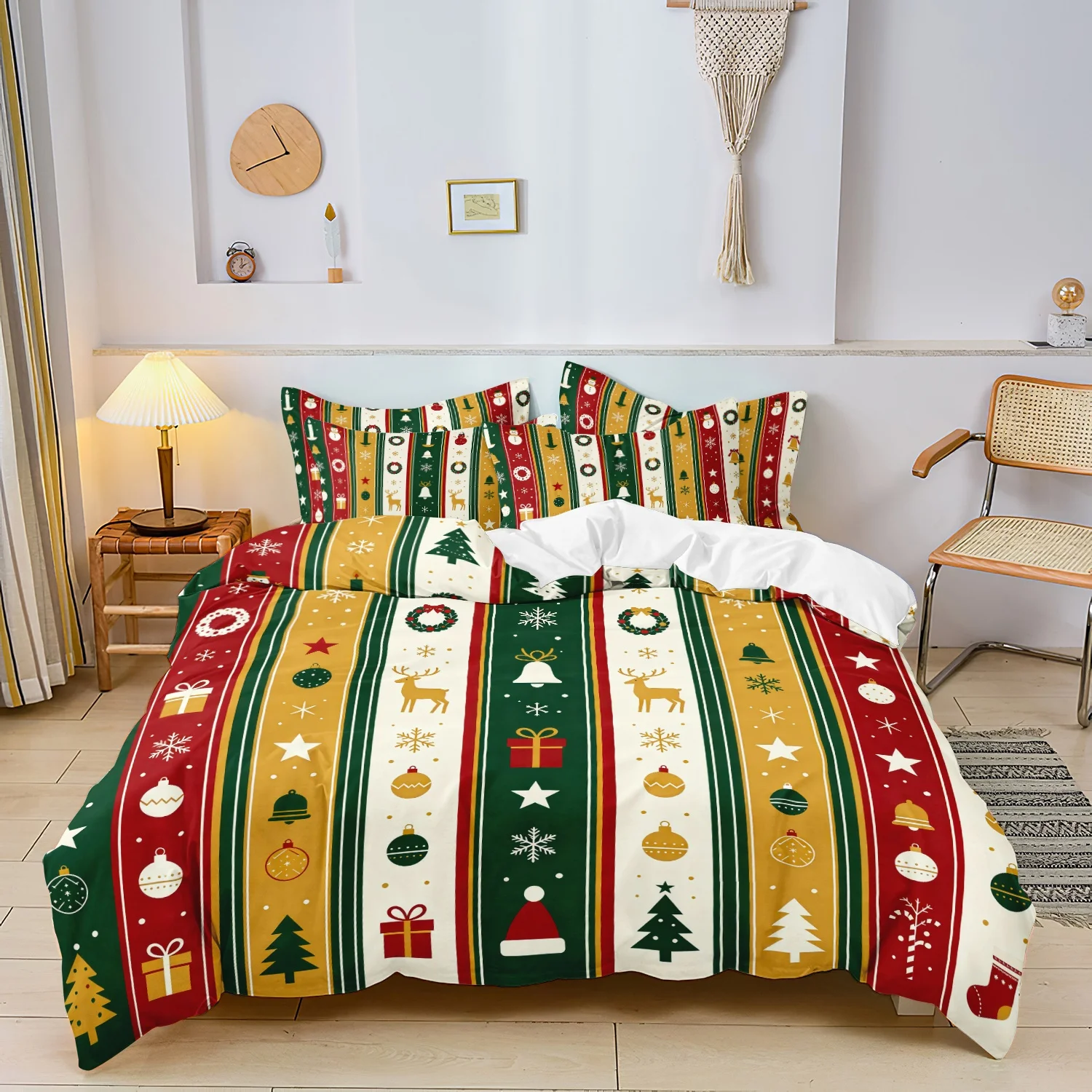 3Pcs Red Green Gol Reindeer Christmas Tree Wreath Bell Gift Snowflake Print Duvet Cover Set, Christmas Vertical Striped Bedding