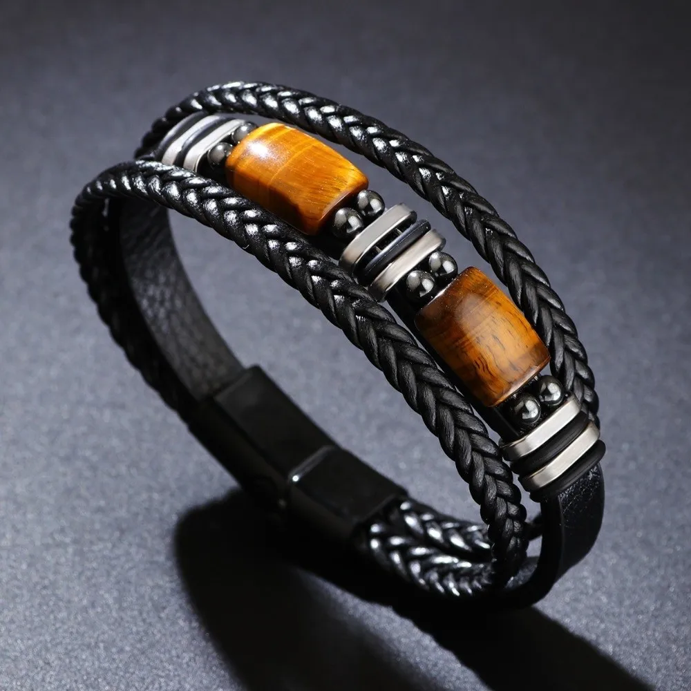 Wristband Bracelet Multi-Layer Tiger Eye Stone Bracelet Adjustabl Retro Leather Bracelet Braided Handmade Beaded Bracelet Women
