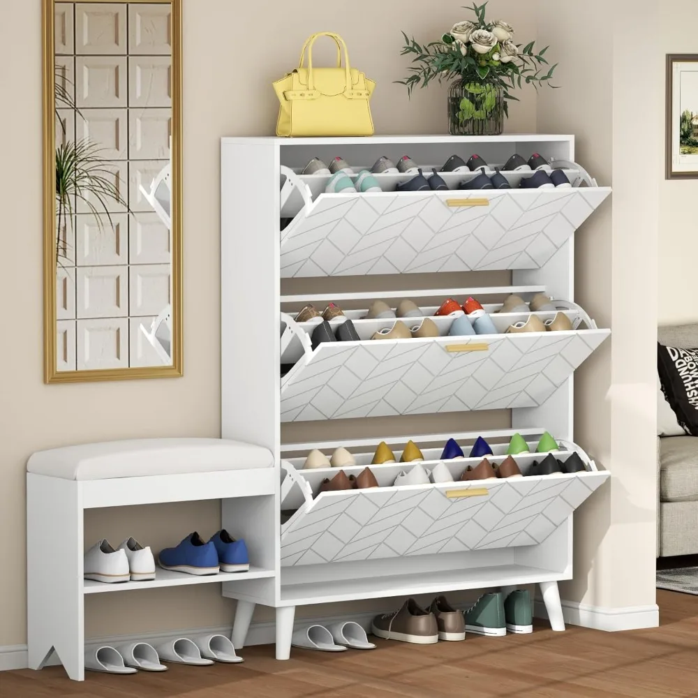 

Shoe Cabinet W/3 Flip Drawers, Shoe Storage Cabinet W/Bench for Entryway, Freestanding Narrow Hidden Shoe Rack, Customized