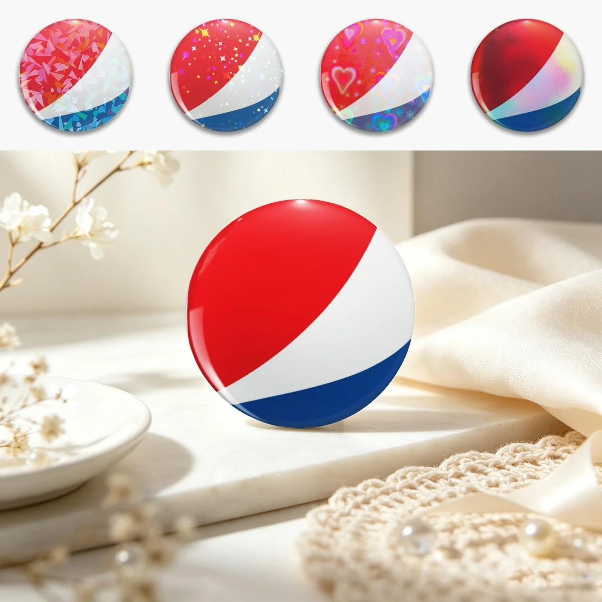 Pepsi Logo Zoomed Pin Holographic Star Heart Pin Brooches Laminated Button Fashion Accessory