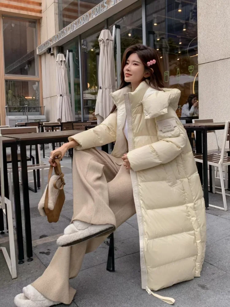 Winter Women\'s Jackets 2024 New Long Section Goose Down Jacket Thicken Warm Hooded Long Coat Loose Leisure Puffer Jacket