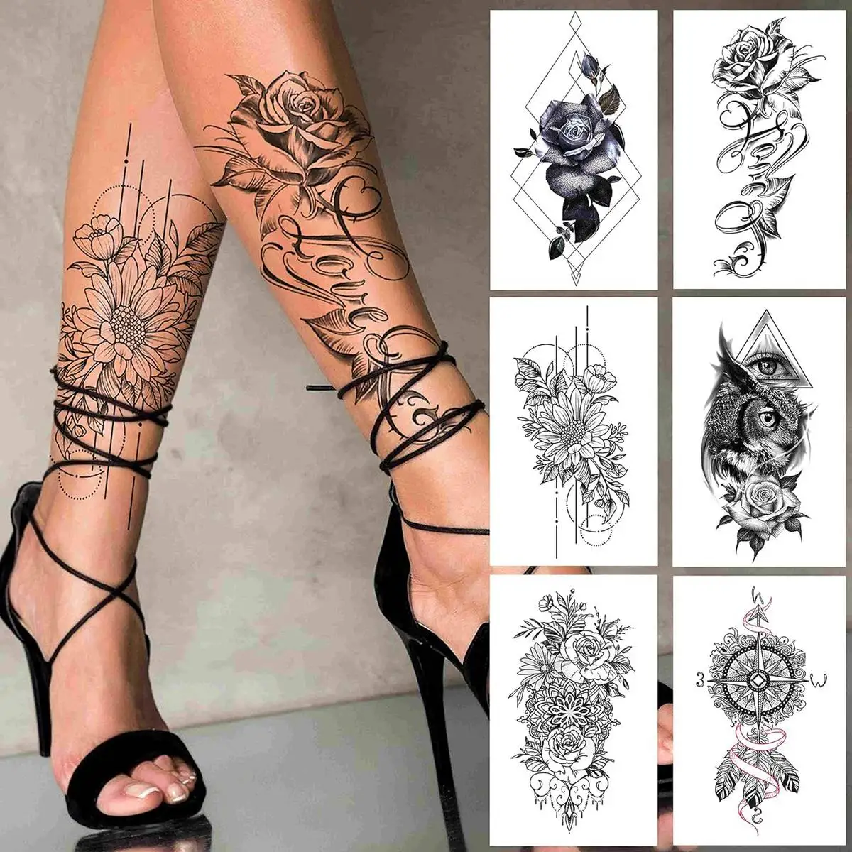 24 Sheets Full Arm Temporary Tattoo Sleeve For Men Women Thigh Arm Tattoo Black Flower Eagle Compass Tiger Tatoos Large Size 3D