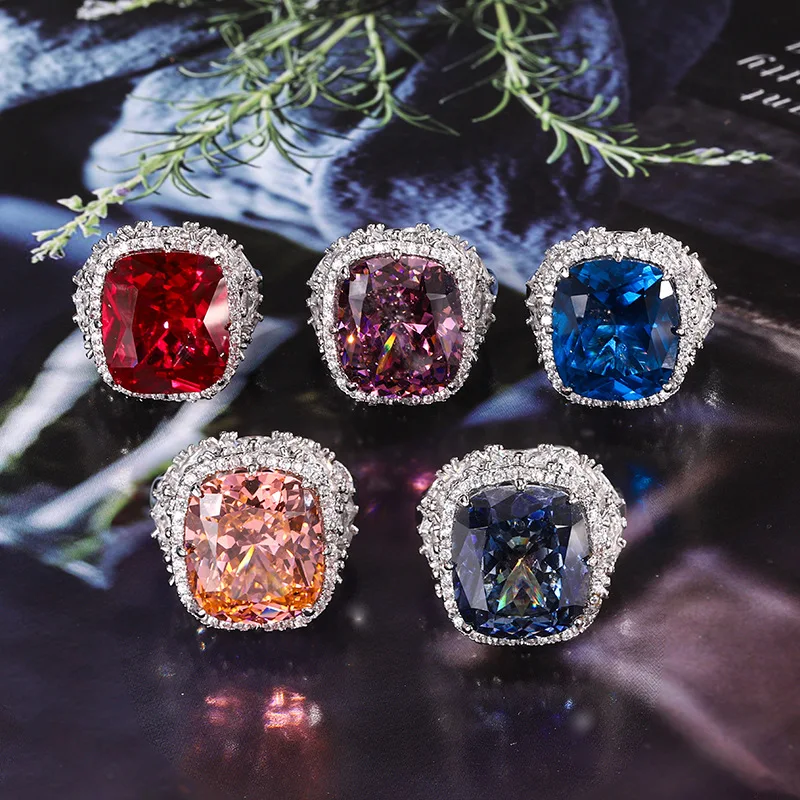 KQDANCE Luxury Cushion Cut 14*16mm Created Papalacha Sapphire Blue Redcorundum RUby Rings Designer Copper Jewelry