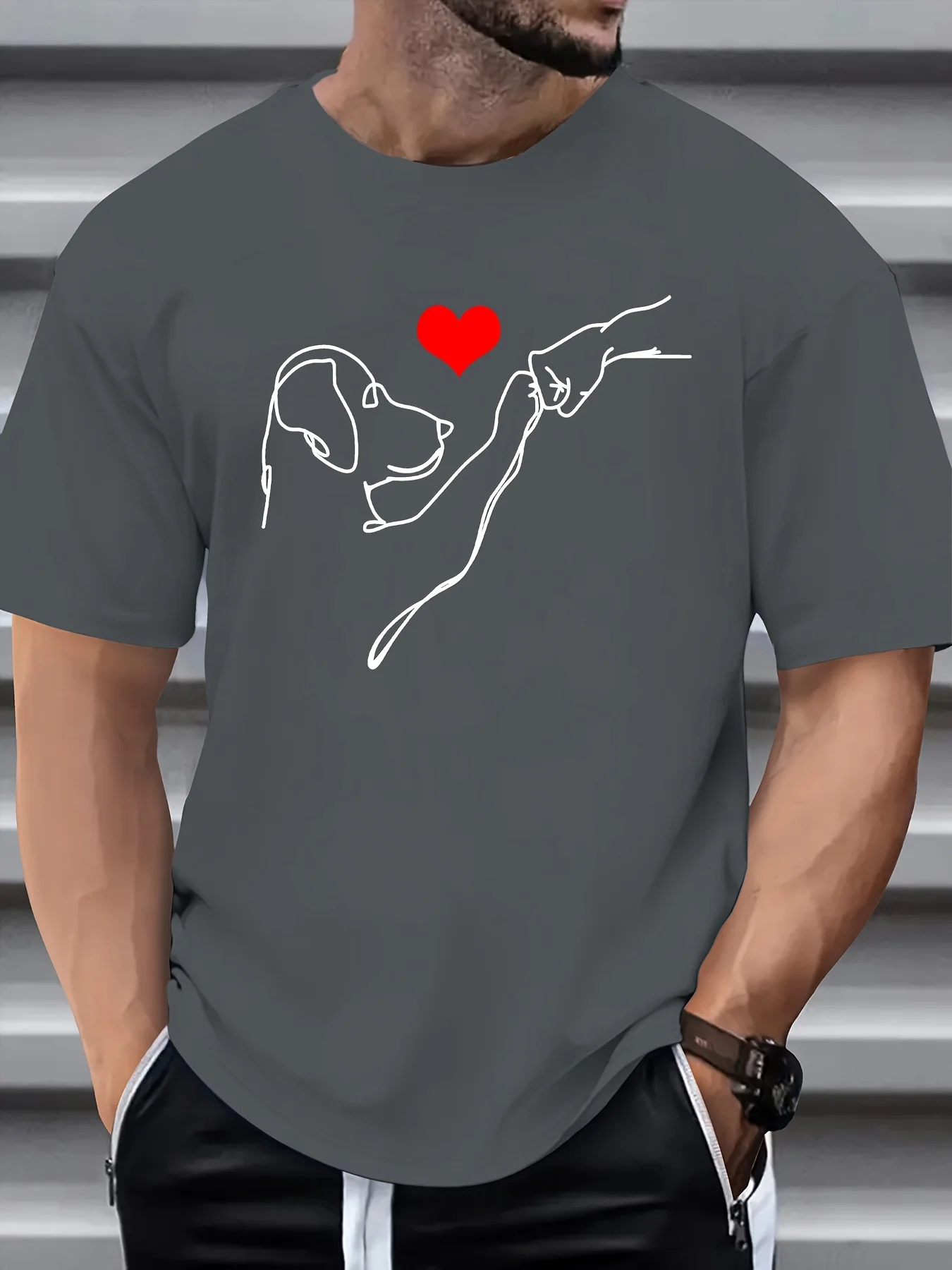 Men's Summer 100% Cotton Fashionable Casual Loose Dog and Heart Pattern Printed Sports Round Neck Short Sleeve T-shirt Top