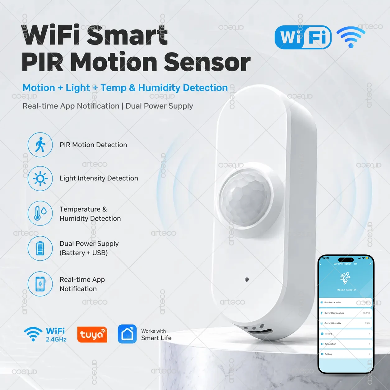 Tuya WiFi Smart PIR Sensor Human Motion Detector with Illuminance Temperature Humidity Detection Smart Home Security Automation