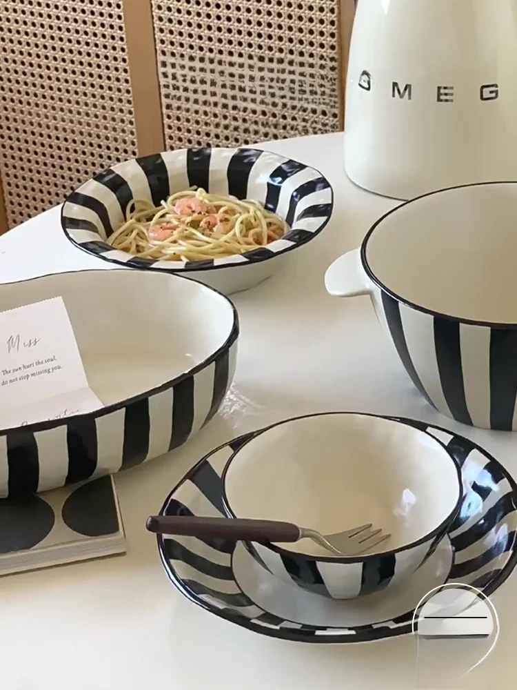Bla White Striped Home Use Dining Set Underglaze Color Porcelain Diware Set for One Person Cr Sle Small Fre Element