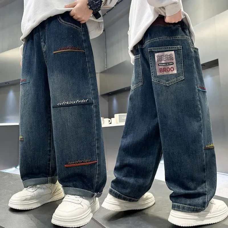 

Boys' Loose Fit Casual Elastic Waist Jeans Children's Spring Autumn Korean Style Fashionable Kids' Pants