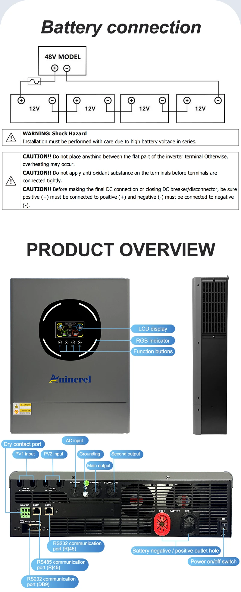 Aninerel 2 kW 4,2 kW 6,2 kW 11 kW 12 V 24 V 48 V Hybrid-Solar-Wechselrichter Dual-Ausgang Farb-LCD-Display MPPT 60 A 100 A 120 A PV 160 V – 500 VDC – Detail 36