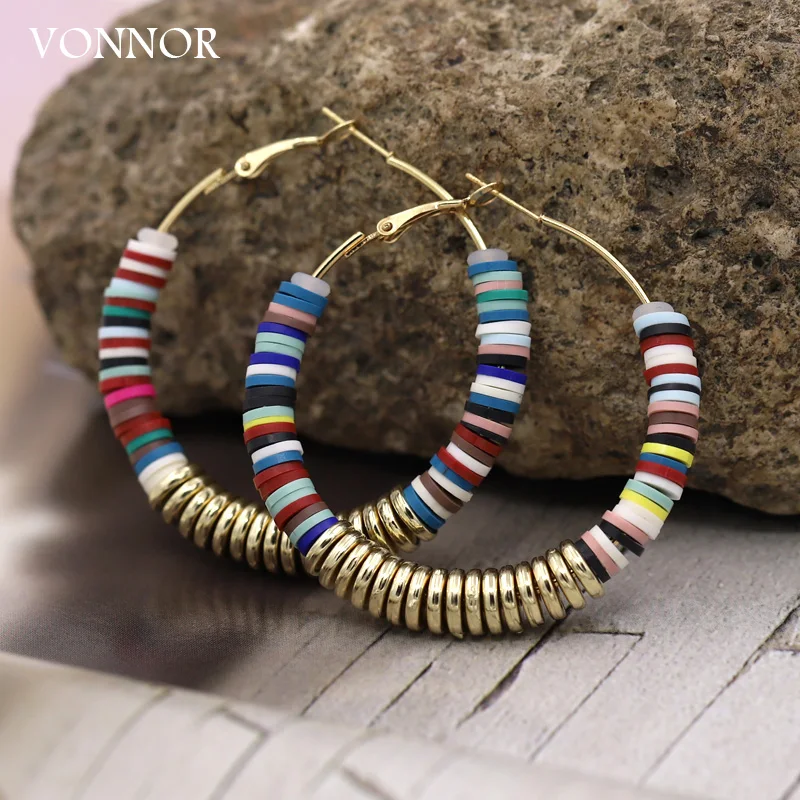 Fashion Handmade Jewelry Big Hoop Earrings for Women Girls Bohemian Colorful Polymer Clay Earrings Accessories Gifts Wholesale