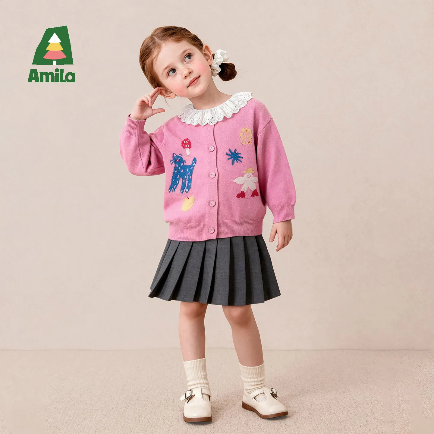 Amila 2026 Autumn New Kids Cartoon Animal Knitted Cardigan Sweet Cute Fairy Tale Pattern Soft Cozy Daily Knitted Top