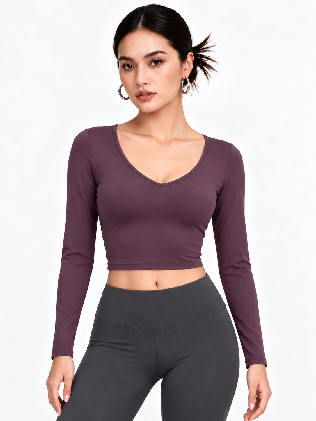 Women's Long Sleeve Cropped Athletic Top, V Neck Wrap Back Yoga Shirt with Criss Cross Straps for Gym and Pilates
