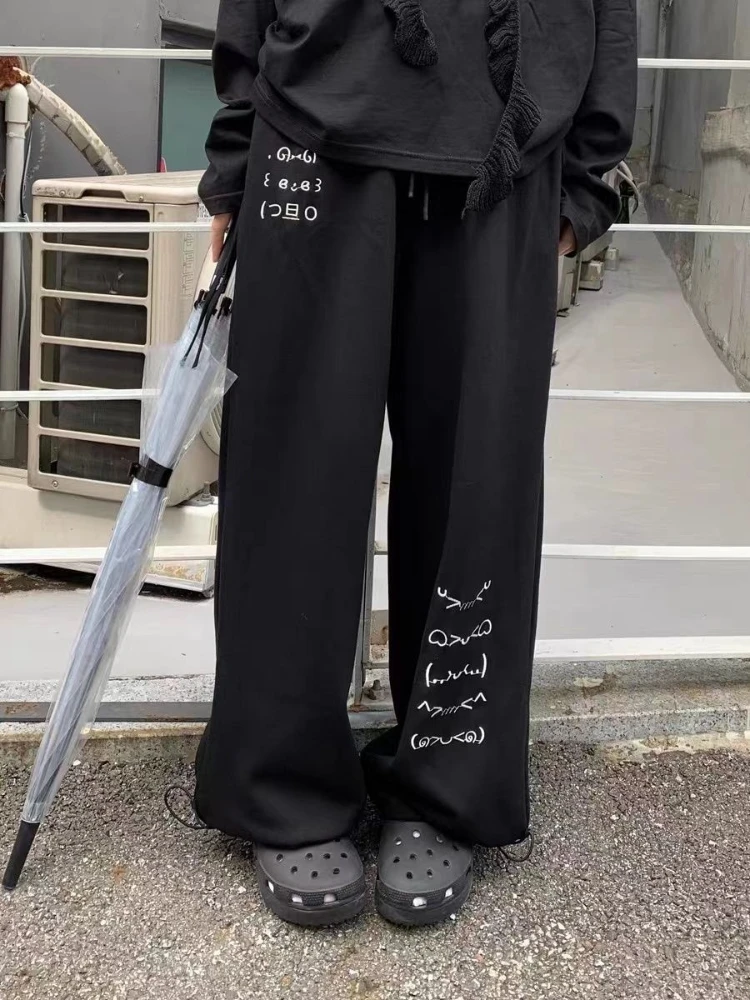 Japanese style cute emoji embroidered sweatpants with velvet autumn and winter new item subculture cute loose women's pants