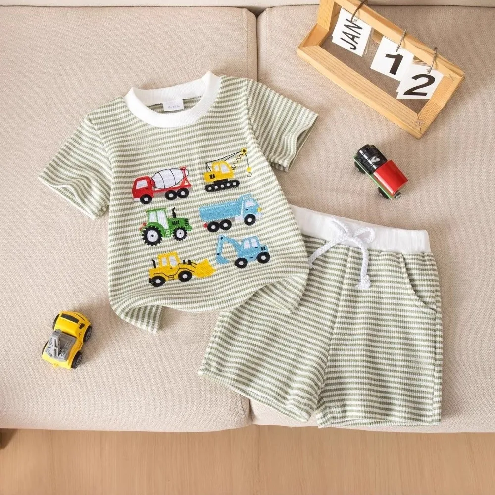 

Trend Cute Car Embroidery Short Sleeve Shorts Outfits Round Neck Casual Round Neck Tops Clothes Set Summer