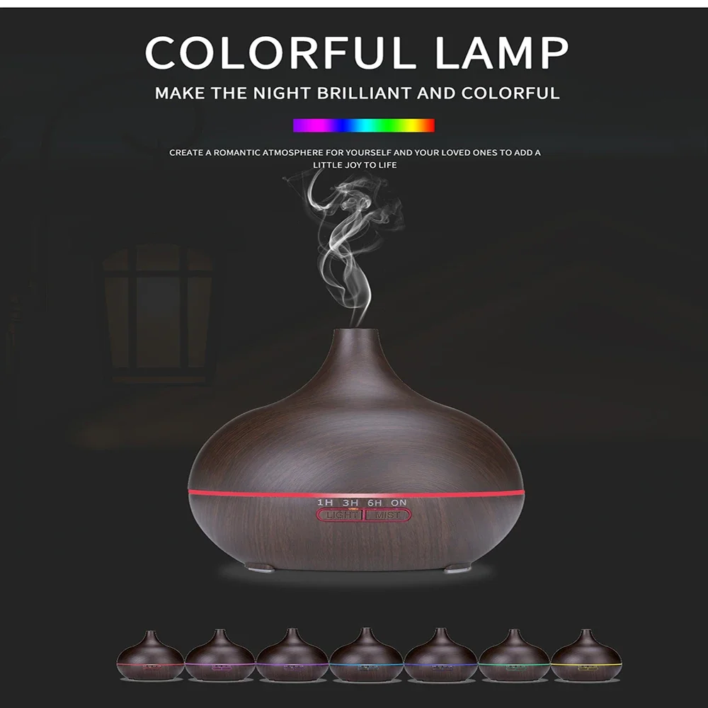 550ML Oil Diffuser Ultrasonic Remote Control Wood Grain Electric Aromatherapy Air Humidifier With 7 Color LED Lights Office Home