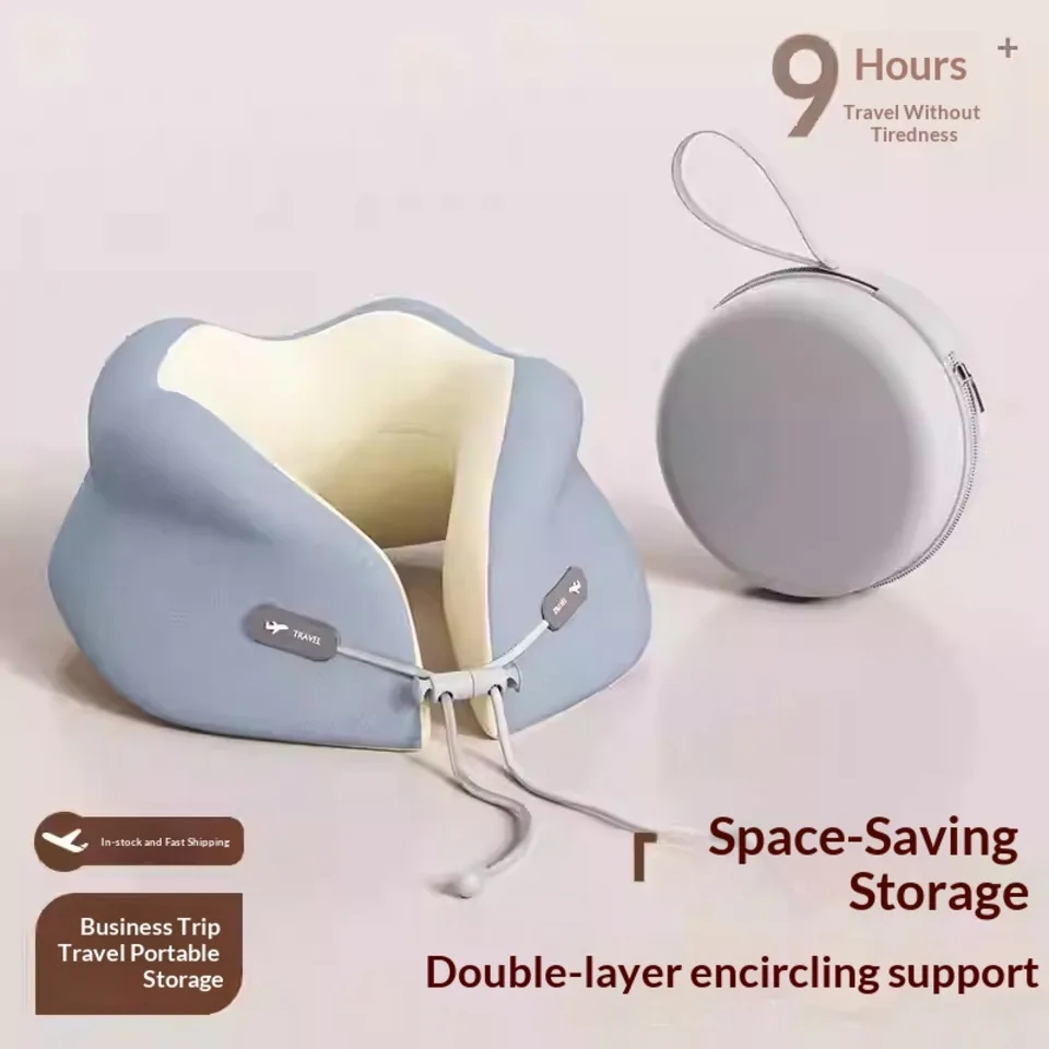 Memory Foam U Shape Pillow Portable Travel Neck Support Beige Gray Light Blue Dark Blue Solid Color Folding Airplane Pillow
