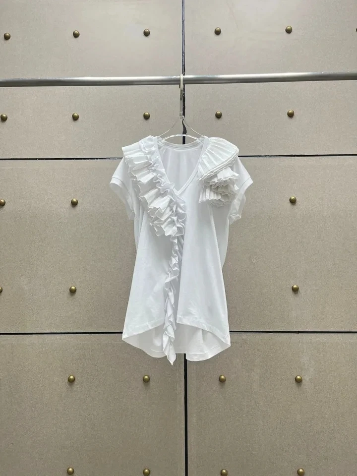 2024 Summer Fashion New Women Asymmtrical Ruffles Casual T-Shirt Female Chic Tops 2 Color