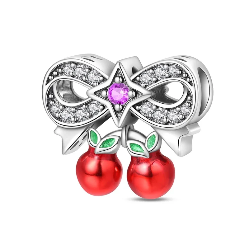 

Hot Sales 925 Sterling Silver Sweet Cherry Bowknot Charms Beads CZ Zircon Dangle Fit Original Bracelet DIY Women Jewelry Gifts