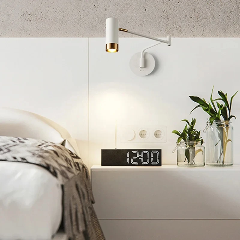 Bedside Reading Folding Wall Lamp Bedroom Nordic LED Lighting Luxury Modern White Black Study Swing Long Arm With Switch Sconce