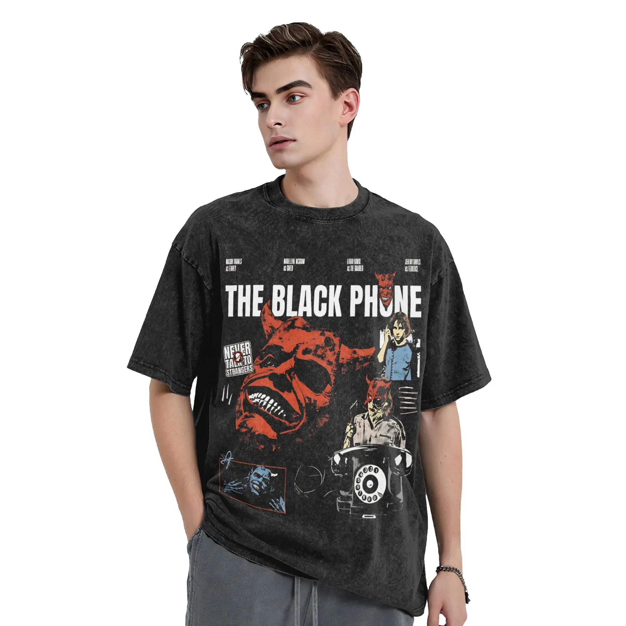 الهاتف الأسود فيلم الرعب غسلها تي شيرت الذكور خمر تي شيرتات قطن الصيف طاقم الرقبة شعبية تيز نمط المتضخم القمم