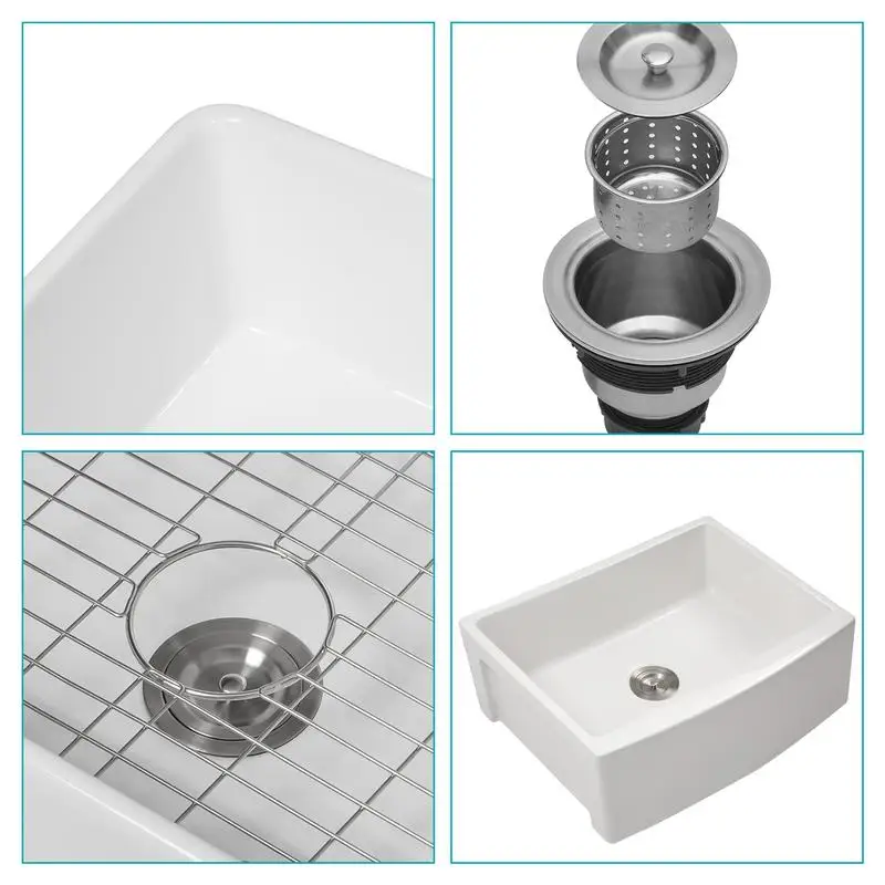 Évier de ferme en céramique blanche de 24 pouces, évier de cuisine à cuvette simple avant de tablier pour maisons modernes