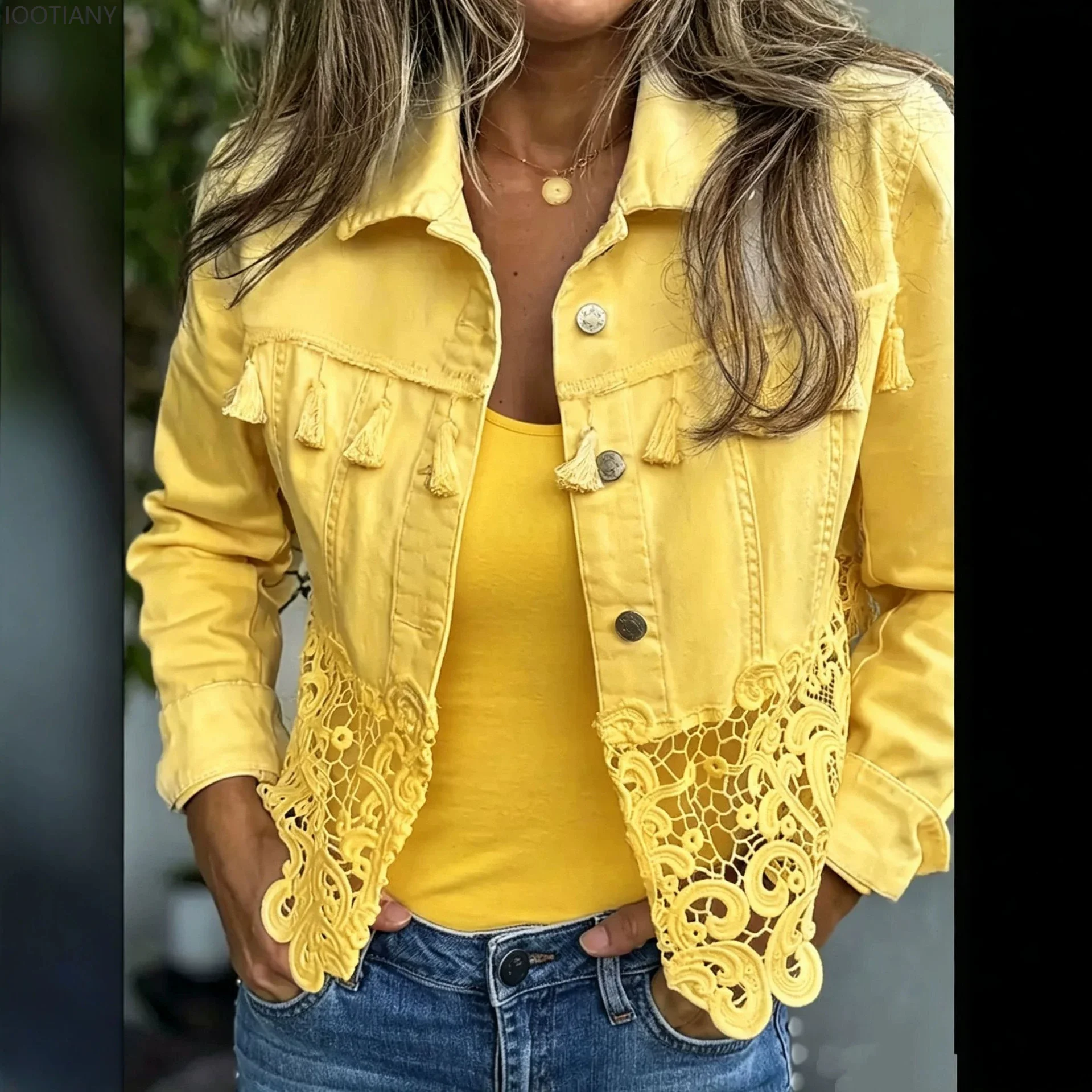 Women Denim Coats Tassel Hollow Out Splice Turn Down Collar Jackets Single Breasted Full Sleeve Y2k Streetwear Work Casual 2026
