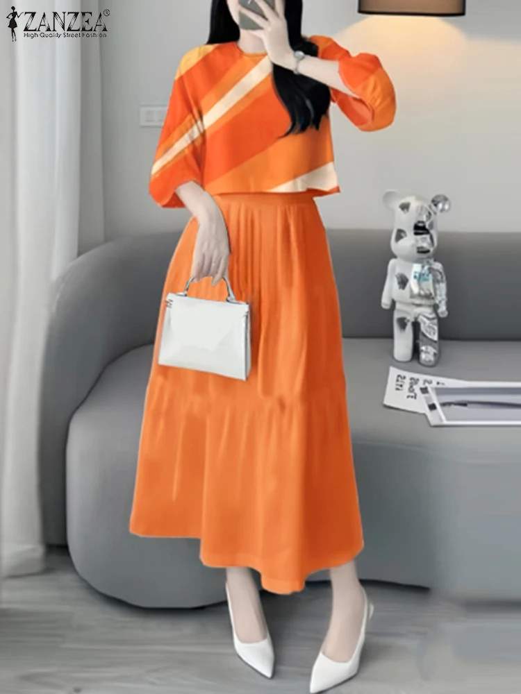 

ZANZEA 2PCS Summer Dress Sets Women Work Matching Sets Stylish 3/4 Sleeve Printed Blouse Sundress Casual Holiday Outfits 2025
