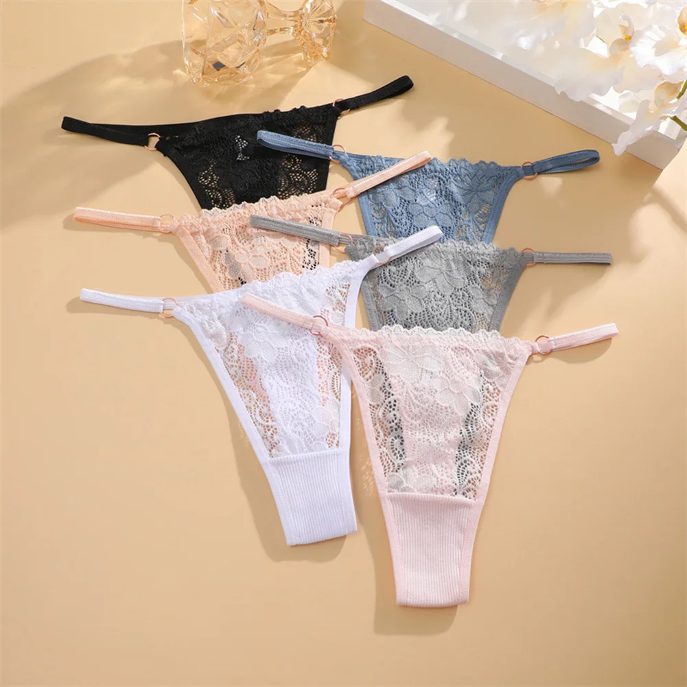 Summer Breathable Womens Underwear Low Waist Sexy Lingerie Sheer Lace Ring Thin Strap Thongs G-strings Solid Color