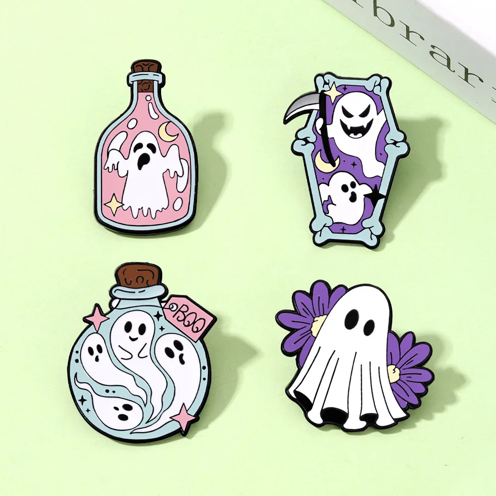 Cartoon Ghost Enamel Brooch Lapel Pin Bottle Sickle Coffin Purple Chrysanthemum Halloween Ghost Metal Badge Jewelry Friends Gift