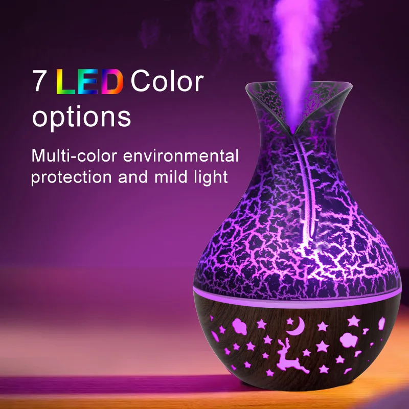 150ml new vase air humidifier, hollow wood grain aromatherapy essential oil diffuser, 7-color LED light