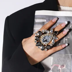 Exaggerated Rhinestone Large Ring Finger Decoration Women Wedding Adjustable Gemstone Open Ring Jewelry Accessories